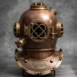 Könnte beinhalten: Ein Taucherhelm im Vintage-Stil aus Messing und Kupfer mit einem zentralen, runden Sichtfenster mit Kreuzgitter, seitlichen Sichtfenstern und einem oberen Ventil. Eine Metallplakette auf der Brustplatte zeigt den Text DANEY.