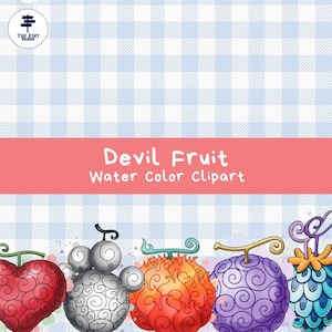May include: A digital graphic featuring five stylized Devil Fruit illustrations in red, gray, orange, purple, and blue. The text reads Devil Fruit Water Color Clipart. The background is a light blue and white gingham pattern with a circular logo.