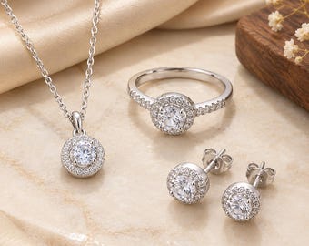 Halo Jewelry Set Women, CZ Necklace Earrings Ring Set, Silver Bridal Jewelry Set, Wedding Gift for Her, Bridesmaid Gift