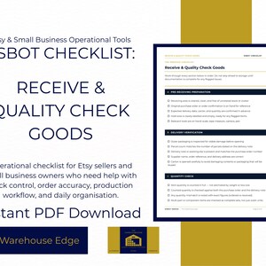 May include: A white digital document titled ESBOT CHECKLIST: RECEIVE & QUALITY CHECK GOODS. The page features sections for pre-receiving preparation, delivery verification, and quantity check with checkboxes for Etsy and small business operations.