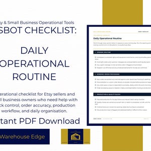 Peut inclure: Un document numérique intitulé ESBOT CHECKLIST: DAILY OPERATIONAL ROUTINE. La page comprend des sections pour Opening Routine, Morning Order Processing et Production & Quality Block avec des cases à cocher pour la gestion d'entreprise.