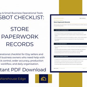 May include: A white and navy blue digital checklist titled ESBOT CHECKLIST: STORE PAPERWORK RECORDS. The document outlines sections for document categorisation, filing structure setup, and digital storage and backup for small business owners.