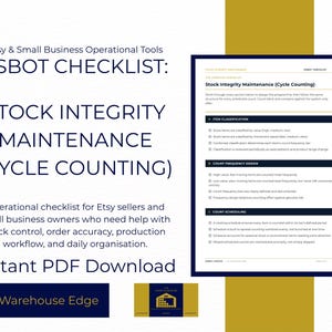 Op de afbeelding: Een digitaal document getiteld ESBOT CHECKLIST: STOCK INTEGRITY MAINTENANCE (CYCLE COUNTING). De pagina bevat secties voor artikelclassificatie, tel-frequentieontwerp en planning met selectievakjes voor operationeel voorraadbeheer.