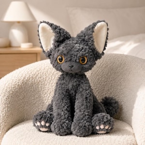Devon Rex Cat Plush with Curly Texture and Big Ears, Soft Collectible Toy for Cat Lovers