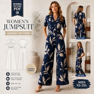 Peut inclure: Un patron de couture PDF pour une combinaison en tissu bleu foncé avec un grand motif de feuilles beige. Le modèle présente des manches courtes, un col, une fermeture boutonnée sur le devant et une taille ceinturée. Vues avant, arrière et côté.