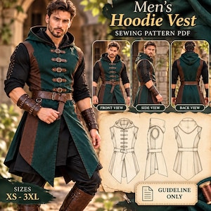 May include: A hooded vest sewing pattern PDF featuring a dark green and brown sleeveless garment with front buckle closures, a belt, and a hood. The image displays front, side, and back views of the vest on a person and technical line drawings.