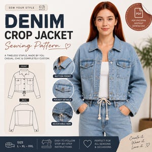 Peut inclure: Un patron de couture pour une veste courte en jean bleu clair. L'image présente le texte DENIM CROP JACKET, des croquis techniques du devant et du dos, ainsi que des détails sur les boutons, les poches et l'ourlet ajustable à cordon.