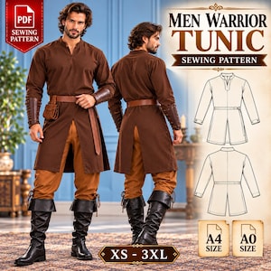 May include: A PDF sewing pattern for a brown tunic featuring a front and back view of the garment, a brown belt, brown trousers, and black boots. The image includes technical line drawings of the tunic and text labels for A4 and A0 sizes.