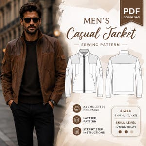 May include: A digital sewing pattern for a casual jacket, featuring a brown leather jacket illustration, technical line drawings of front and back views, and text including PDF DOWNLOAD, SIZES S-M-L-XL-XXL, and SKILL LEVEL INTERMEDIATE.