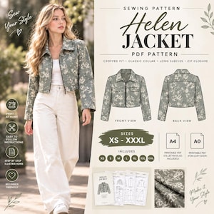 Helen Women Cropped Jacket Sewing Pattern PDF, Zip Front Classic Collar Long Sleeve Jacket Pattern, A4 A0 Printable PDF, Sizes XS-3XL