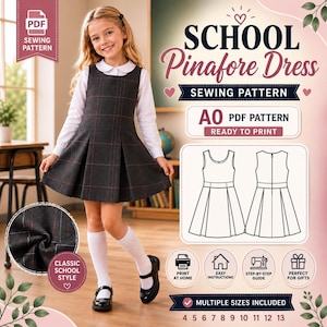 May include: A digital sewing pattern for a school pinafore dress. The image displays a child wearing a dark gray plaid pinafore over a white long-sleeve shirt, alongside a technical line drawing of the dress and text reading School Pinafore Dress.