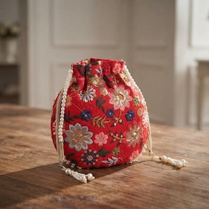 Röd broderad potli-väska, blommig bröllopsväska, indisk designerväska, etnisk festväska, pärlhandtag med dragsko