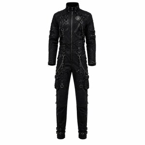 Black Chain Harness Gothic Jumpsuit, Star Patch Techwear Coverall, Cargo Festival Suit