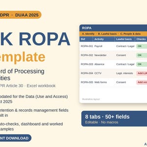 Puede incluir: Una plantilla de Excel UK ROPA para el Registro de Actividades de Tratamiento bajo el Artículo 30 del RGPD del Reino Unido. El documento incluye una tabla con columnas para Ref, Actividad, Base legal y Chequeos, 8 pestañas, 50+ campos, verificaciones automáticas y ejemplos.