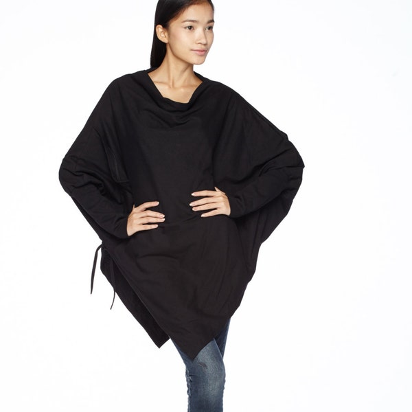 NO.59 Women's Cowl Neck Batwing Long Sleeve Asymmetrical Hem Sweater, Minimalist Clothing, Trendy Sweater Pullover in Black