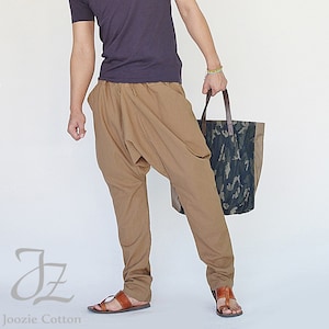NO.207 Pantalones de harén con cordón en la entrepierna para hombre, pantalones de Aladino, pantalones de harén informales, pantalones unisex en camello