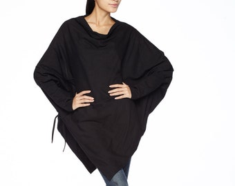 NO.59 Women's Cowl Neck Batwing Long Sleeve Asymmetrical Hem Sweater, Minimalist Clothing, Trendy Sweater Pullover in Black