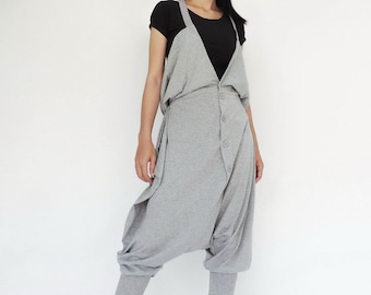 NO.87 Frauen Foldover-Waist Bund Low Crotch Haremshose, Extravagante Ninja Hose, Trendy Harem Overall in Heather Grey