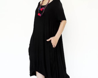 NO.152 Women's Scoop Neck Short Sleeves High Low Hem Dress, Casual Summer Dress in Black