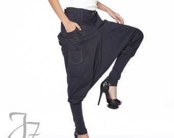 NO.95 Women's Harem Pants with Pockets, Trendy Drop Crotch Joggers, Casual Pull-On Sweatpants, Unisex Pants in Blue