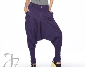 NO.95 Women's Harem Pants with Pockets, Trendy Drop Crotch Joggers, Casual Pull-On Sweatpants, Unisex Pants in Purple