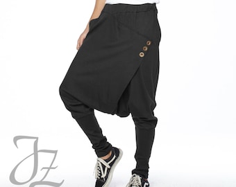 N.° 167 Pantalones harén con botones y tiro caído para hombre, con parte delantera cruzada, unisex, color negro