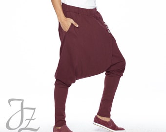 N.° 167 Pantalones harén con botones y tiro caído para hombre, pantalones cruzados, pantalones unisex en rojo