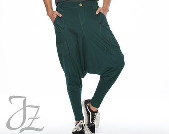 NO.95 Men's Unique Pockets Harem Pants, Trendy Drop Crotch Joggers, Casual Pull-On Sweatpants, Unisex Pants in Teal