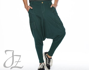 NO.95 Men's Unique Pockets Harem Pants, Trendy Drop Crotch Joggers, Casual Pull-On Sweatpants, Unisex Pants in Teal