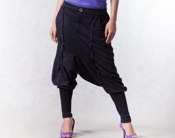 NO.154 Women's Casual Drop Crotch Harem Pants, Harem Jogger Pants, Low Crotch Trousers, Unisex Pants in Black