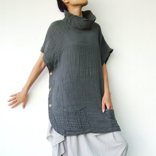 Top con maniche raglan a collo alto da donna NO.82, gilet in cotone flessibile in fibra naturale in grigio bluastro