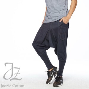 NO.95 Men's Unique Pockets Harem Pants, Trendy Drop Crotch Joggers, Casual Pull-On Sweatpants, Unisex Pants in Blue