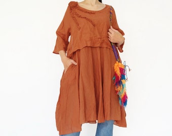 NO.145 Women's Short Sleeve Floral Appliqué Dress, Casual Summer Dress, Cotton Dress in Rust