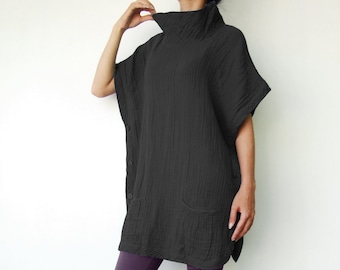 NO.82 Women's Turtleneck Raglan Sleeves Top, Side Slits Vest in Black
