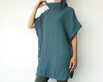 NO.82 Women's Turtleneck Raglan Sleeves Top, Natural Fiber Flexible Cotton Vest in Teal