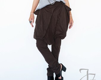 NO.181 Women's Pleated Front Drop Crotch Harem Pants, Casual Ninja Harem Trousers in Brown