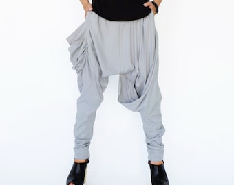 NO.193 Women's Draped Front Harem Pants, Trendy Drop Crotch Trousers, Casual Pull-On Pants in Gray