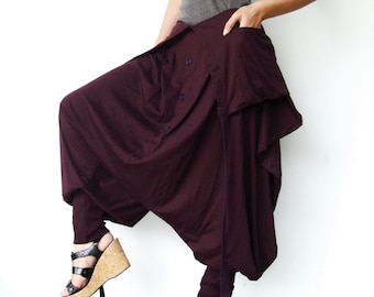 NO.87 Women’s Foldover–Waistband Low Crotch Harem Pants, Extravagant Ninja Trousers, Trendy Harem Jumpsuit in Plum