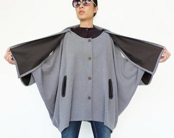 NO.195 Women's Bow Collar 3/4 Batwing Sleeve, Two Tone Loose Cardigan in Charcoal