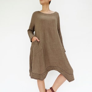 NO.201 Women&#39;s Long Sleeves Stitch Detail Tunic Dress, Casual Minimalist Dress, Natural Fiber Flexible Cotton in Brown