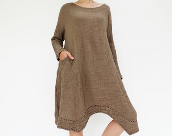 NO.201 Women's Long Sleeves Stitch Detail Tunic Dress #Brown