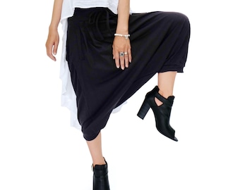 NO.184 Women's Pleated Front Drop Crotch Harem Pants, Low Crotch Trousers, Casual Harem Shorts in Black