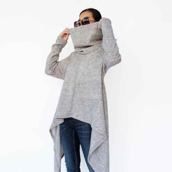 NO.189 Women's Cowl Neck Long Sleeve Knitted Sweater, Asymmetrical Sweater in Heather Gray