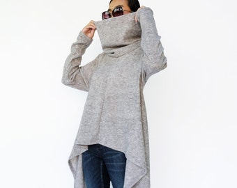 NO.189 Women's Cowl Neck Long Sleeve Knitted Sweater, Asymmetrical Sweater in Heather Gray