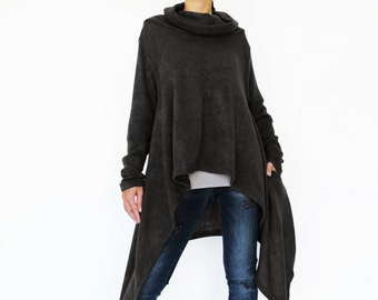 NO.189 Women's Cowl Neck Long Sleeve Knitted Sweater, Asymmetrical Sweater in Light Black