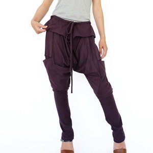 N.º 180 Pantalones harén con cintura plegable y tiro caído para mujer, pantalones ninja con cordón en la cintura, pantalones harén casuales en color ciruela