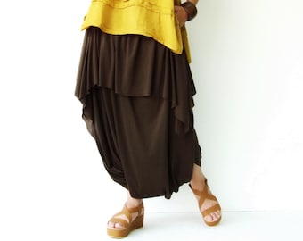 NO.86 Women’s Low Drop Crotch Asymmetrical Harem Pants, Loose Casual Harem Trousers in Brown