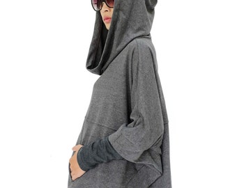 NO.176 Women's Dolman Sleeve Hoodie Sweater, Aesthetic Hoodie in Mottled Gray