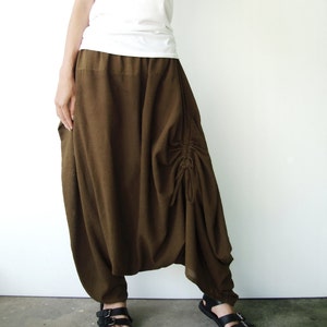 NO.155 Women's Drawstring Low Crotch Asymmetric Harem Pants, Extravagant Trousers in Greenish Brown
