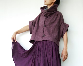 NO.85 Women&#39;s Stand Collar Short Sleeve Cropped Jacket in Heather Plum
